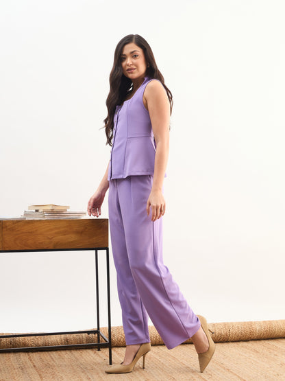 Women Purple Rhombus Neck Top With Cross Pocket Pants