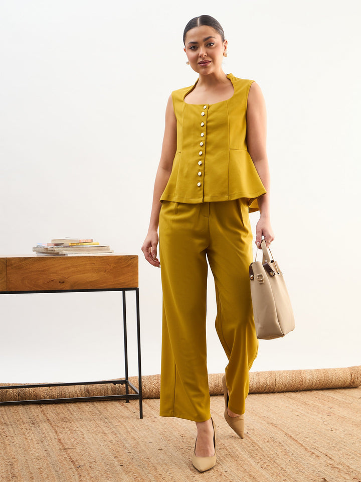 Women Lemon Rhombus Neck Top With Cross Pocket Pants