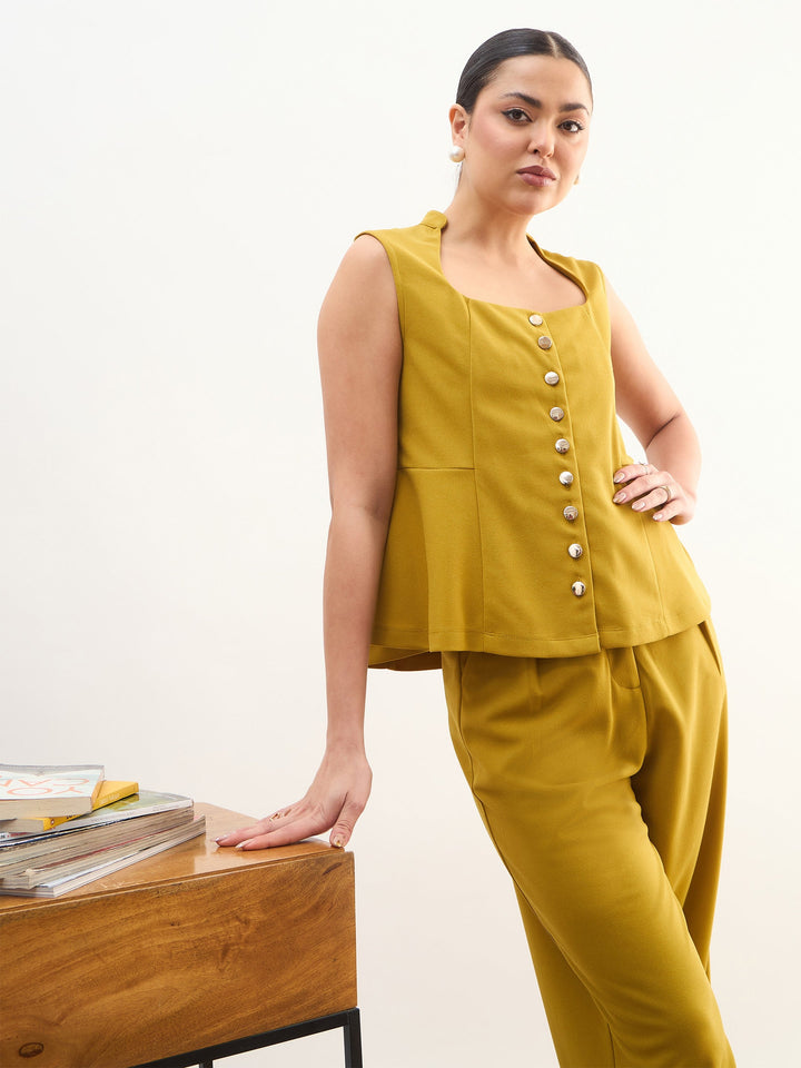Women Lemon Rhombus Neck Top With Cross Pocket Pants