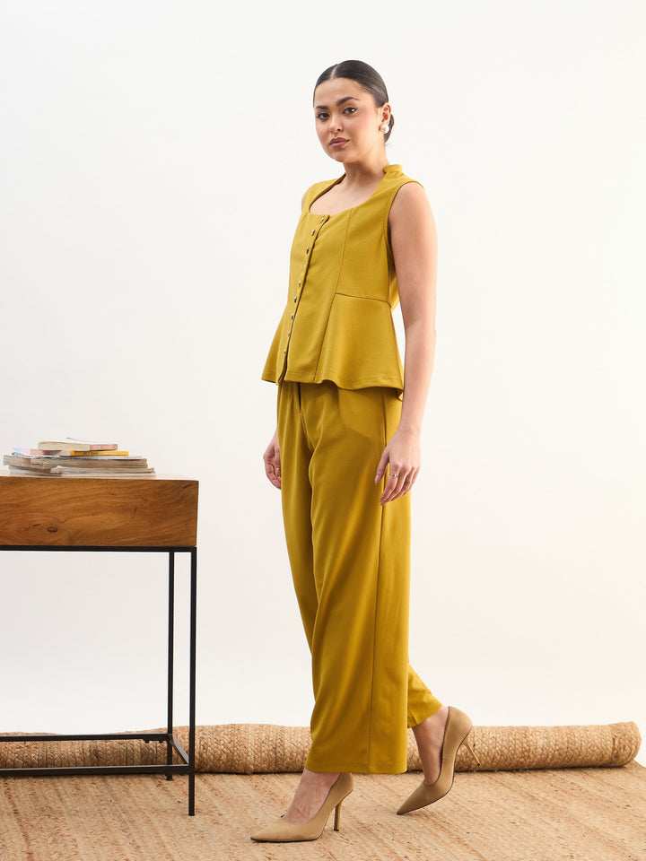 Women Lemon Rhombus Neck Top With Cross Pocket Pants