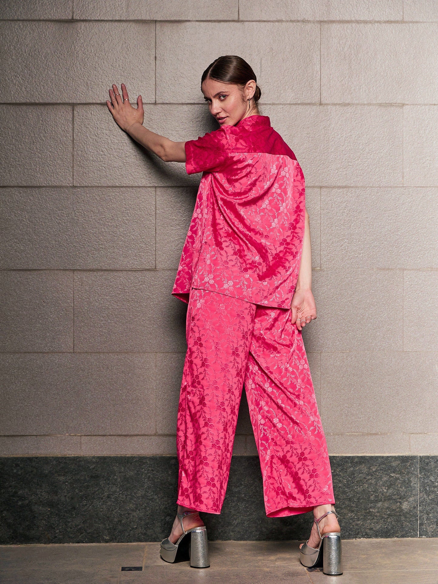 Magenta Jacquard Loose Fit Shirt With Straight Pants