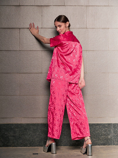 Magenta Jacquard Loose Fit Shirt With Straight Pants