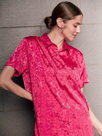 Magenta Jacquard Loose Fit Shirt With Straight Pants