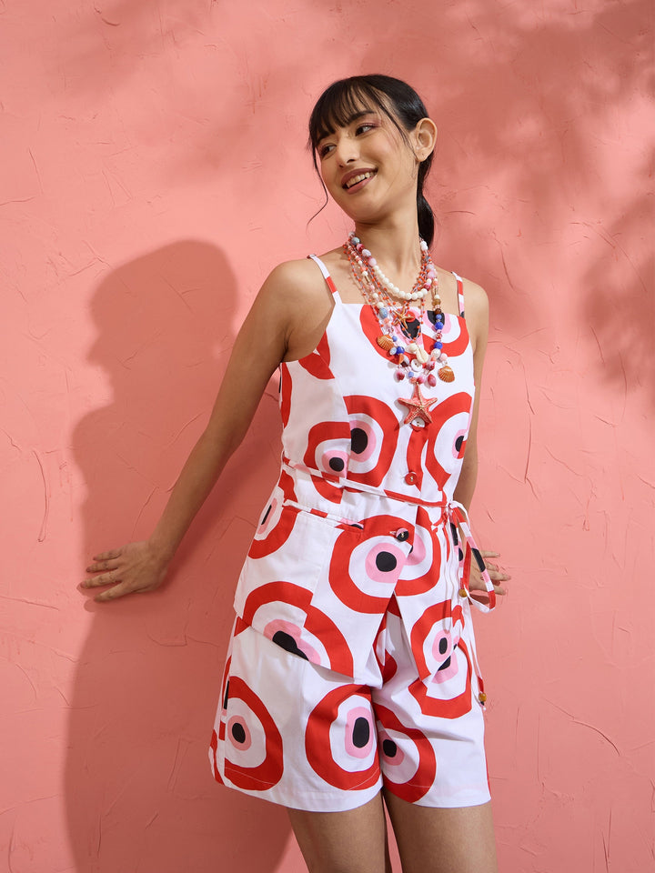 Women Red Evil Eye Print Vest Top With Shorts