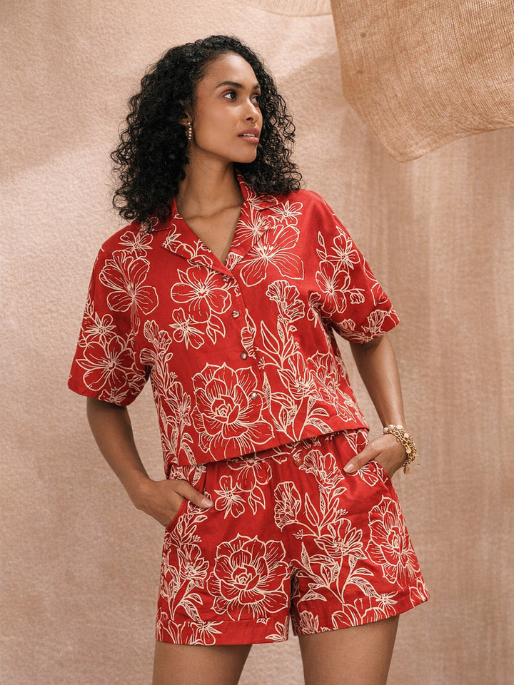Women Red Poplin Floral Notch Collar Shirt With Shorts