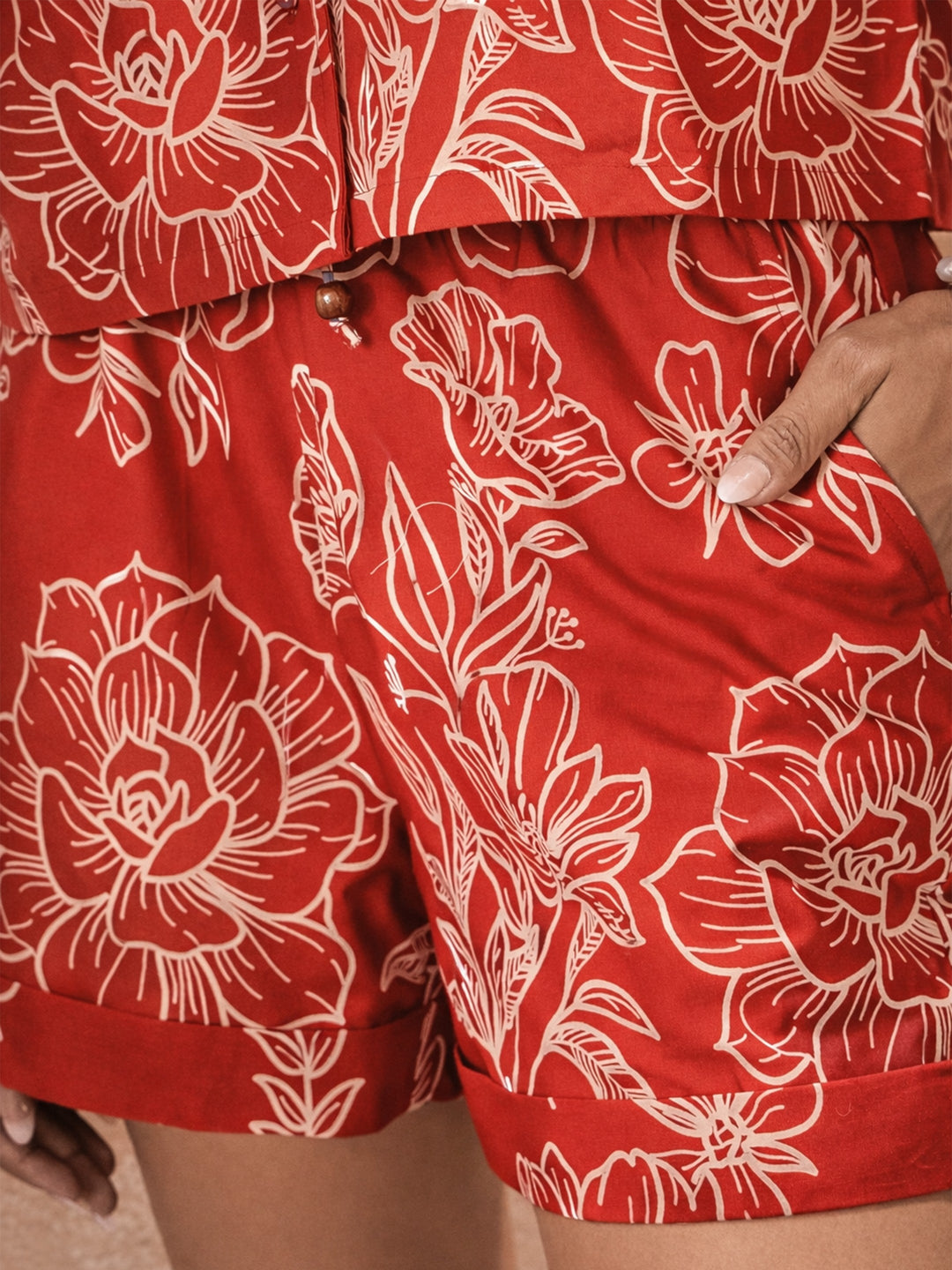 Women Red Poplin Floral Notch Collar Shirt With Shorts