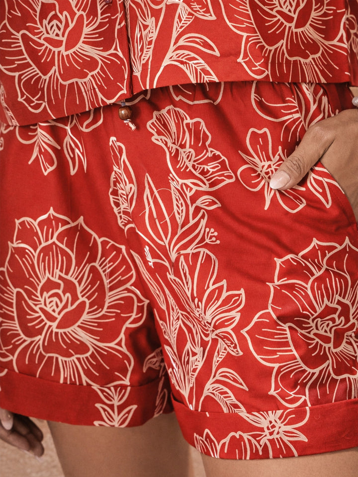 Women Red Poplin Floral Notch Collar Shirt With Shorts
