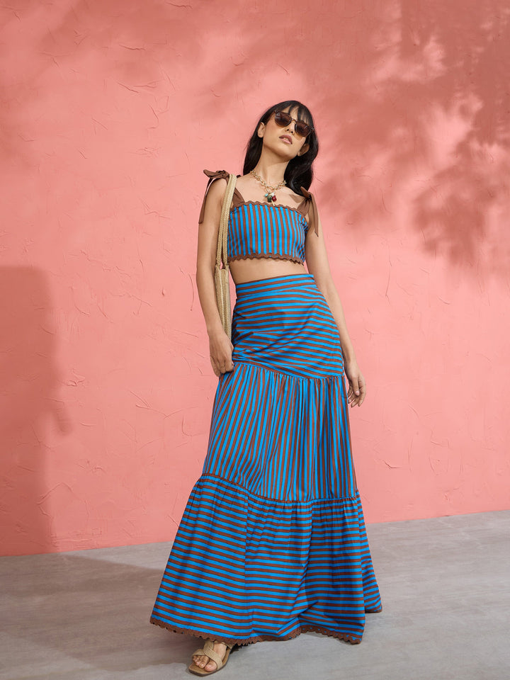 Women Blue &amp; Brown Stripe Strappy Tube Top With Tiered Skirt