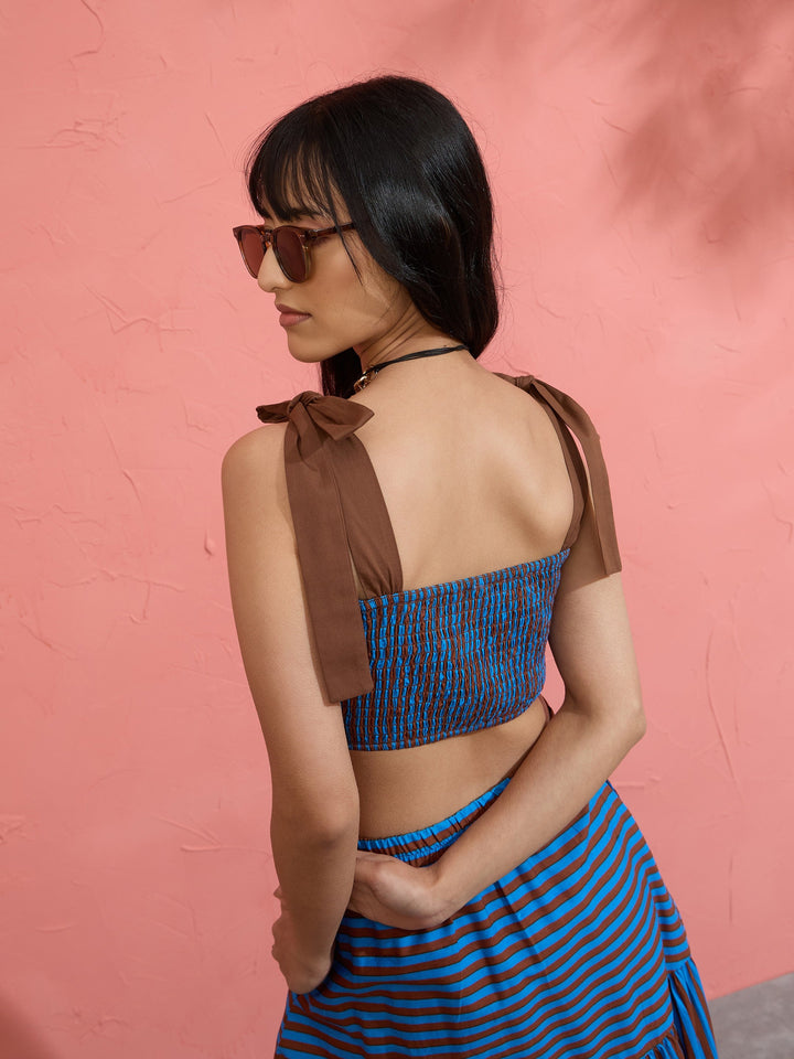Women Blue &amp; Brown Stripe Strappy Tube Top With Tiered Skirt