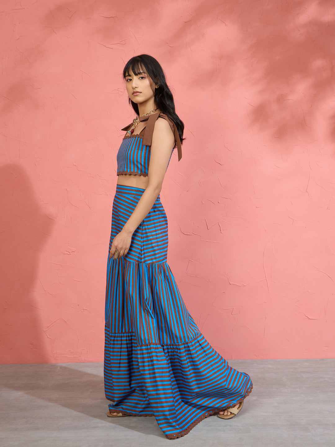Women Blue &amp; Brown Stripe Strappy Tube Top With Tiered Skirt