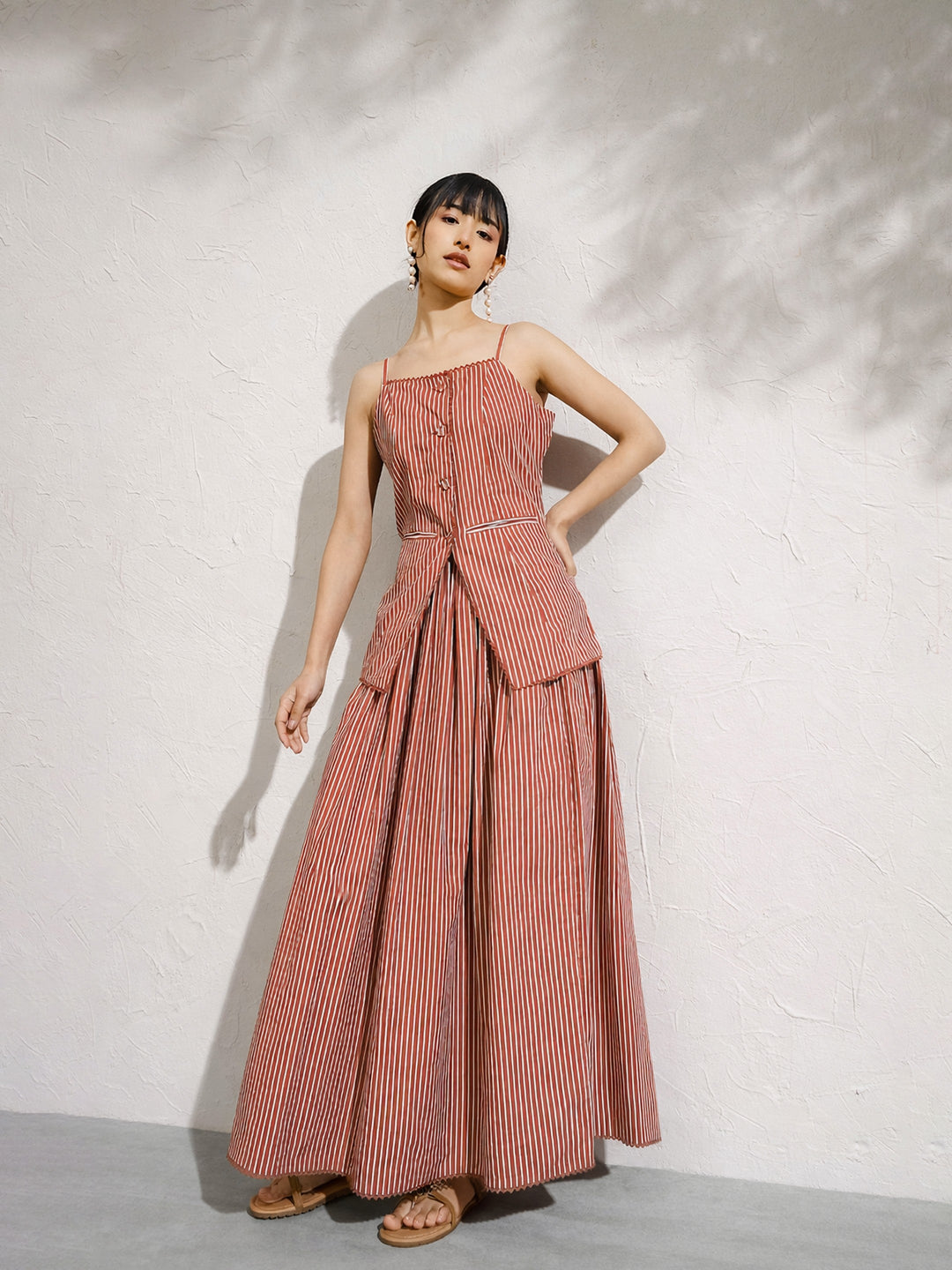 Women Brown Pin Stripe Strappy Vest Top With Gathered Skirt