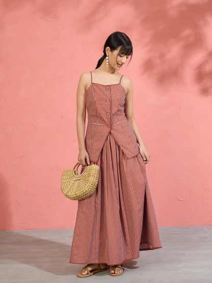 Women Brown Pin Stripe Strappy Vest Top With Gathered Skirt