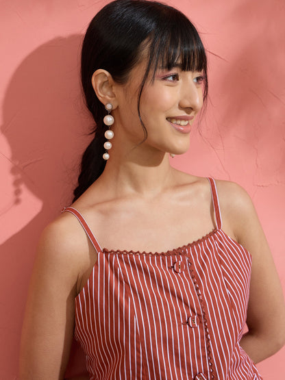 Women Brown Pin Stripe Strappy Vest Top With Gathered Skirt