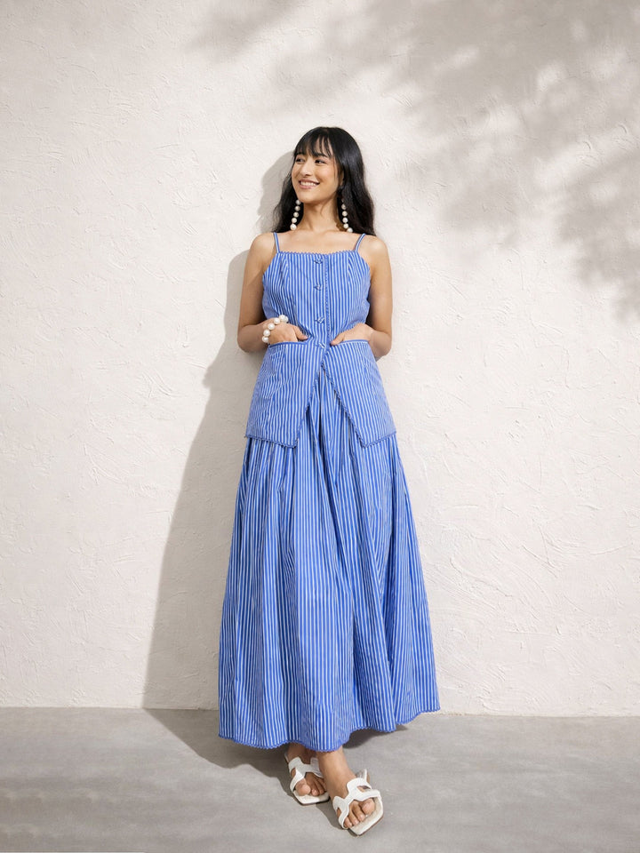 Women Blue Pin Stripe Strappy Vest Top With Gathered Skirt