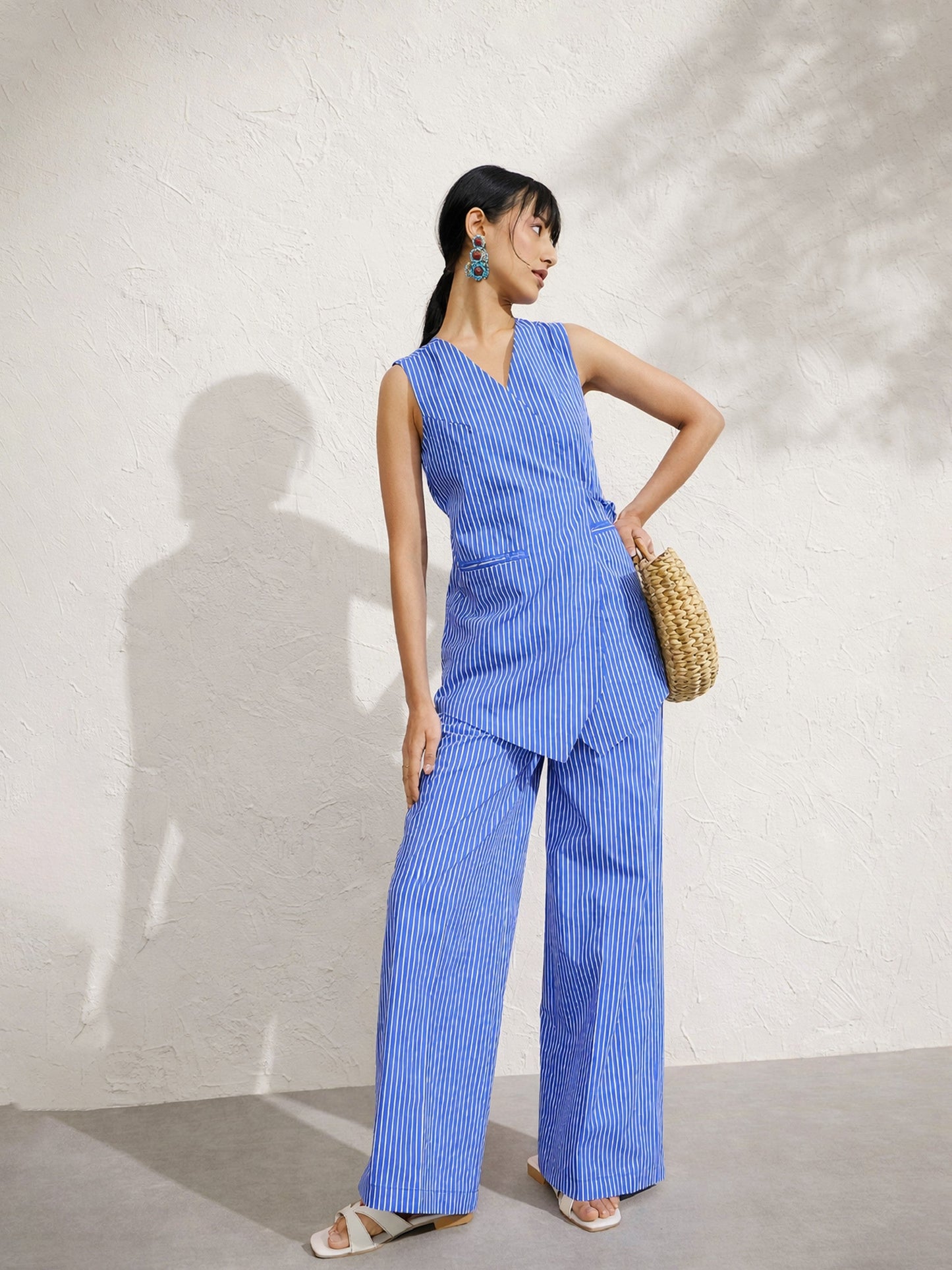 Women Blue Pin Stripe Wrap Vest With Pants