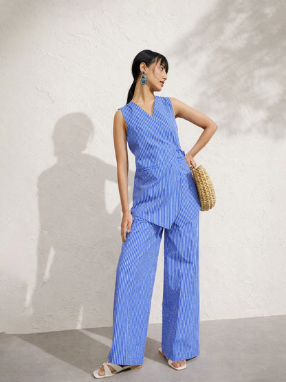 Women Blue Pin Stripe Wrap Vest With Pants