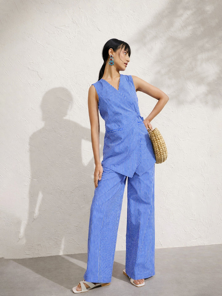 Women Blue Pin Stripe Wrap Vest With Pants