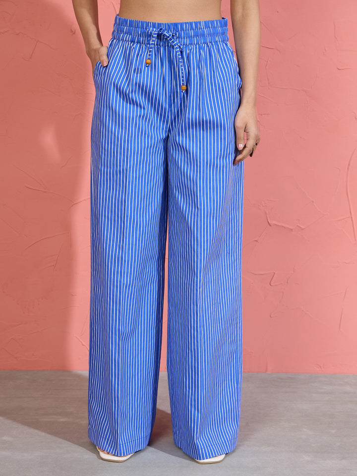 Women Blue Pin Stripe Wrap Vest With Pants