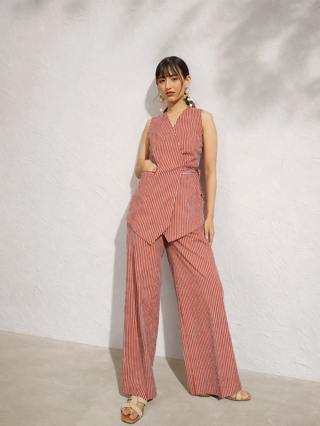 Women Brown Pin Stripe Wrap Vest With Pants
