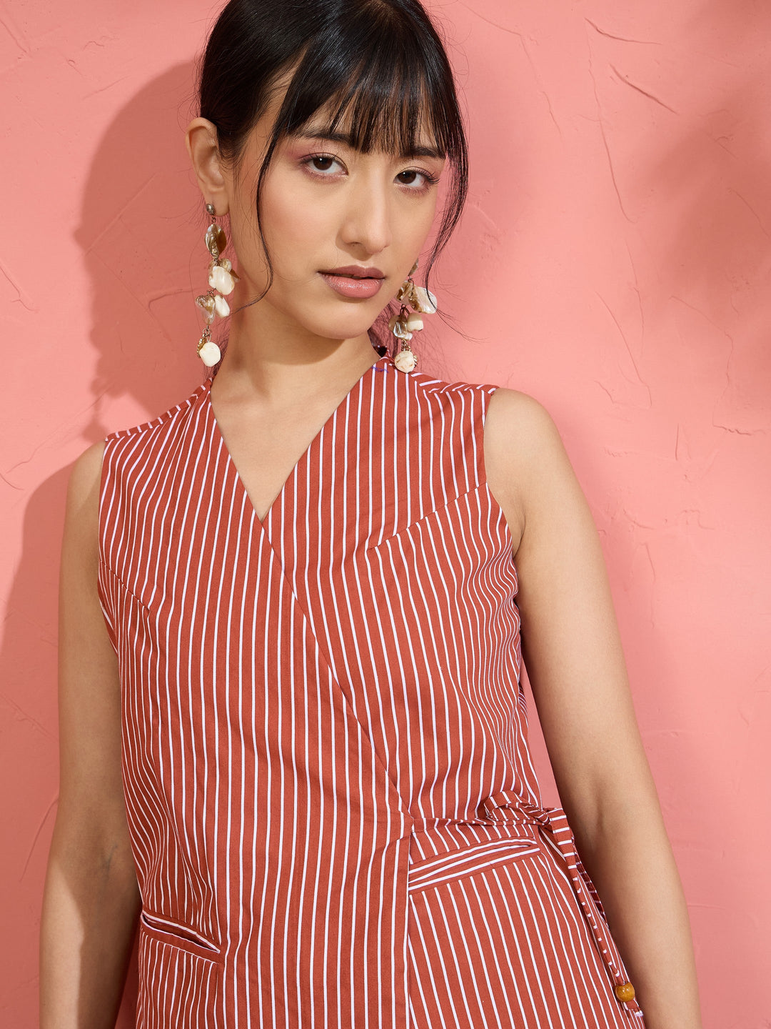 Women Brown Pin Stripe Wrap Vest With Pants