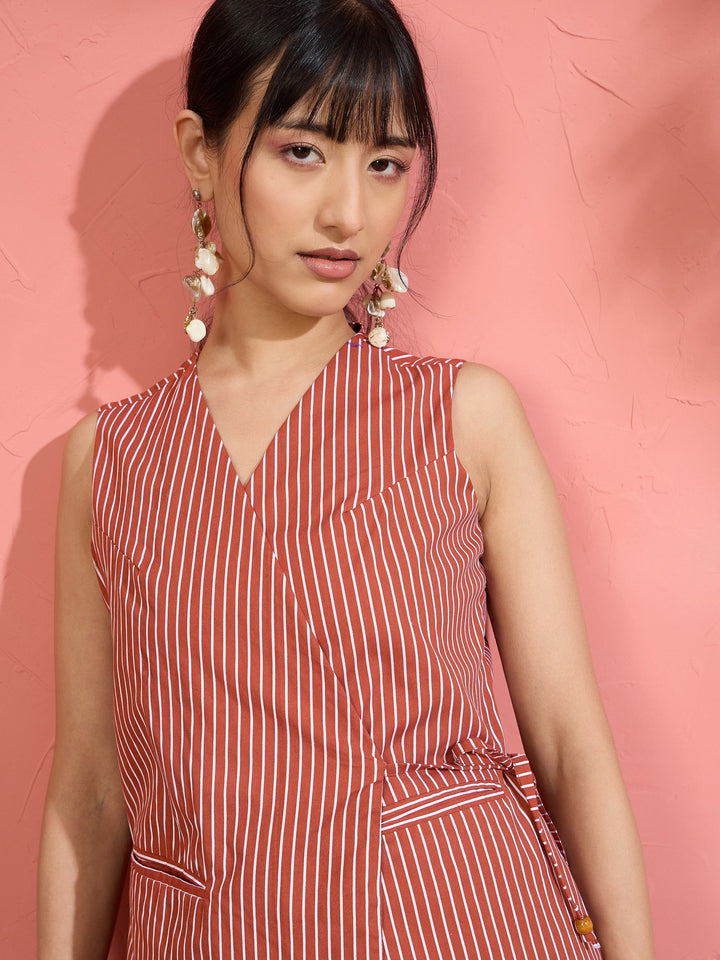 Women Brown Pin Stripe Wrap Vest With Pants