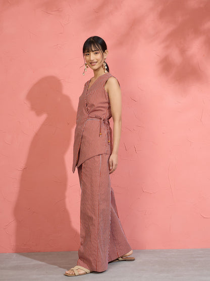 Women Brown Pin Stripe Wrap Vest With Pants