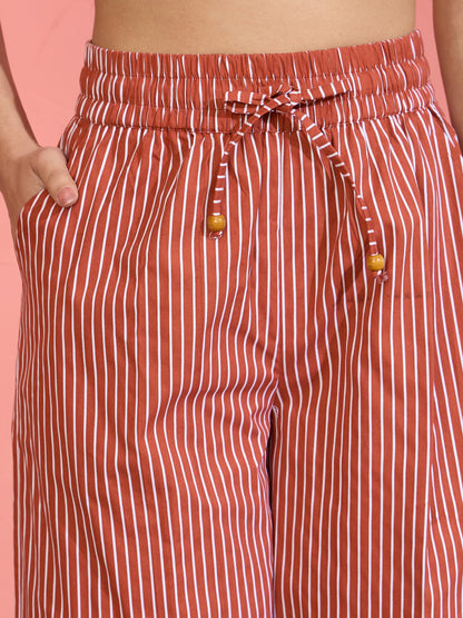 Women Brown Pin Stripe Wrap Vest With Pants