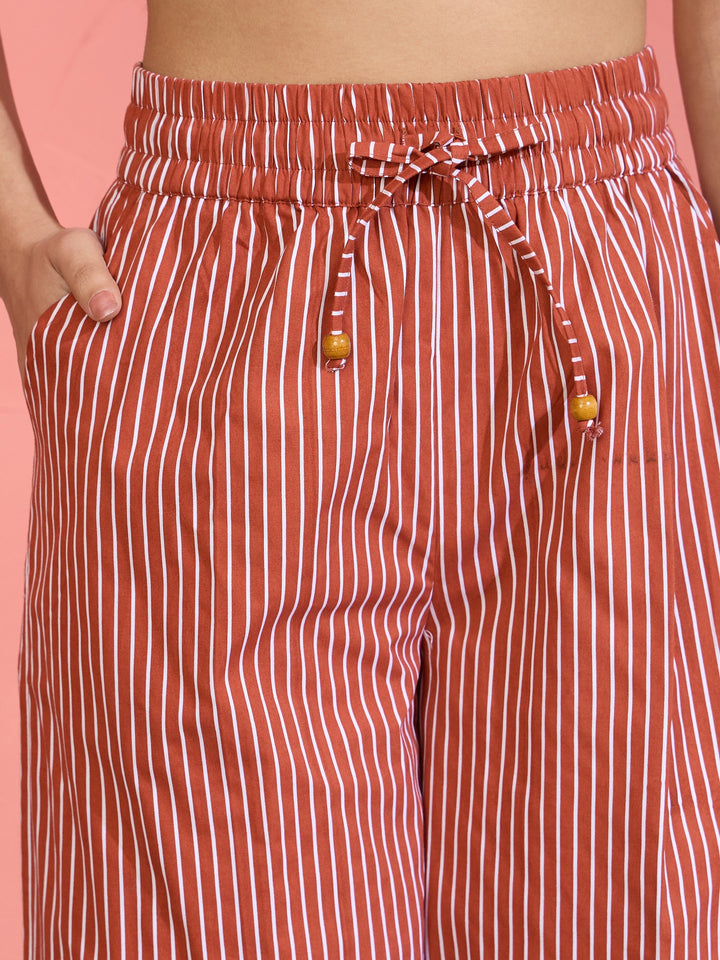 Women Brown Pin Stripe Wrap Vest With Pants