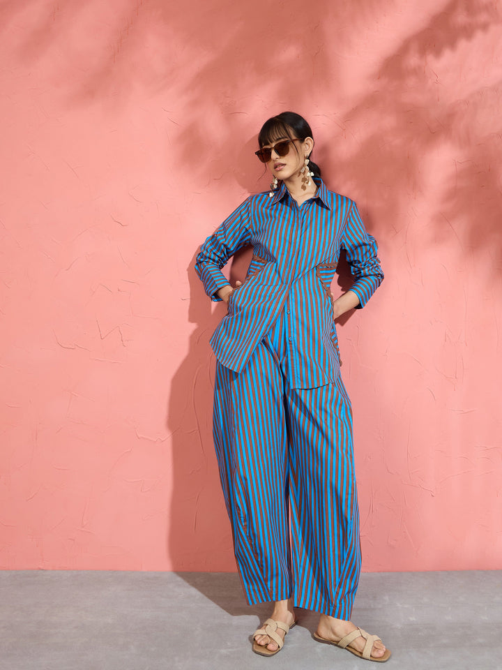 Women Blue &amp; Brown Stripe Shirt With Balloon Pants