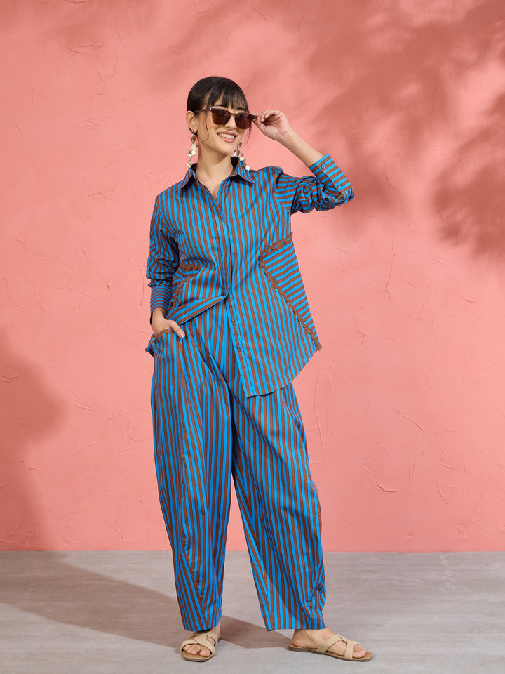 Women Blue &amp; Brown Stripe Shirt With Balloon Pants