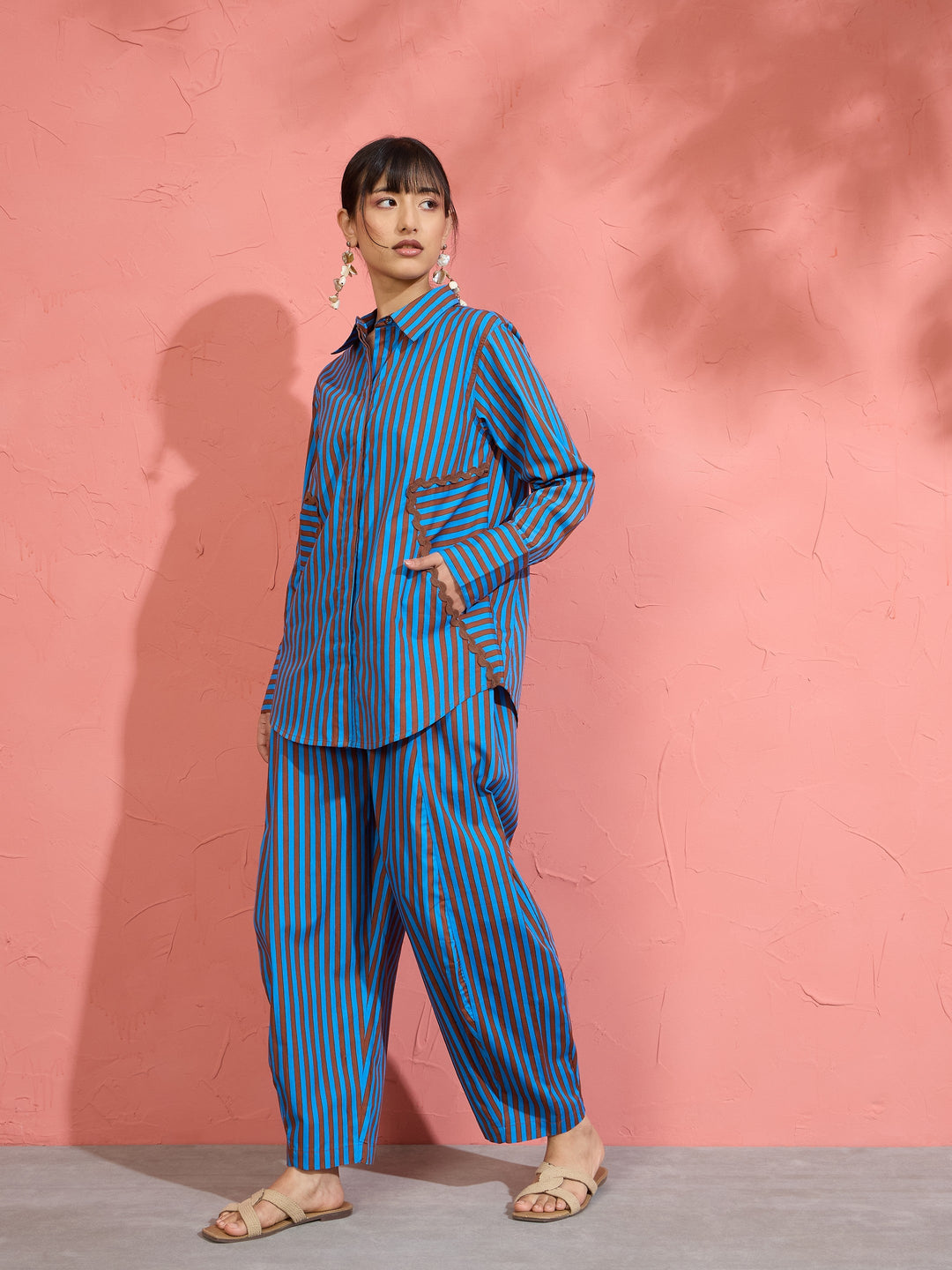 Women Blue &amp; Brown Stripe Shirt With Balloon Pants
