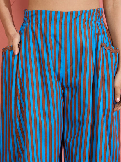 Women Blue & Brown Stripe Shirt With Balloon Pants