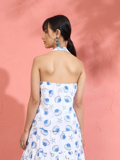 Women White & Blue Printed Halter Vest Top With Tiered Skirt