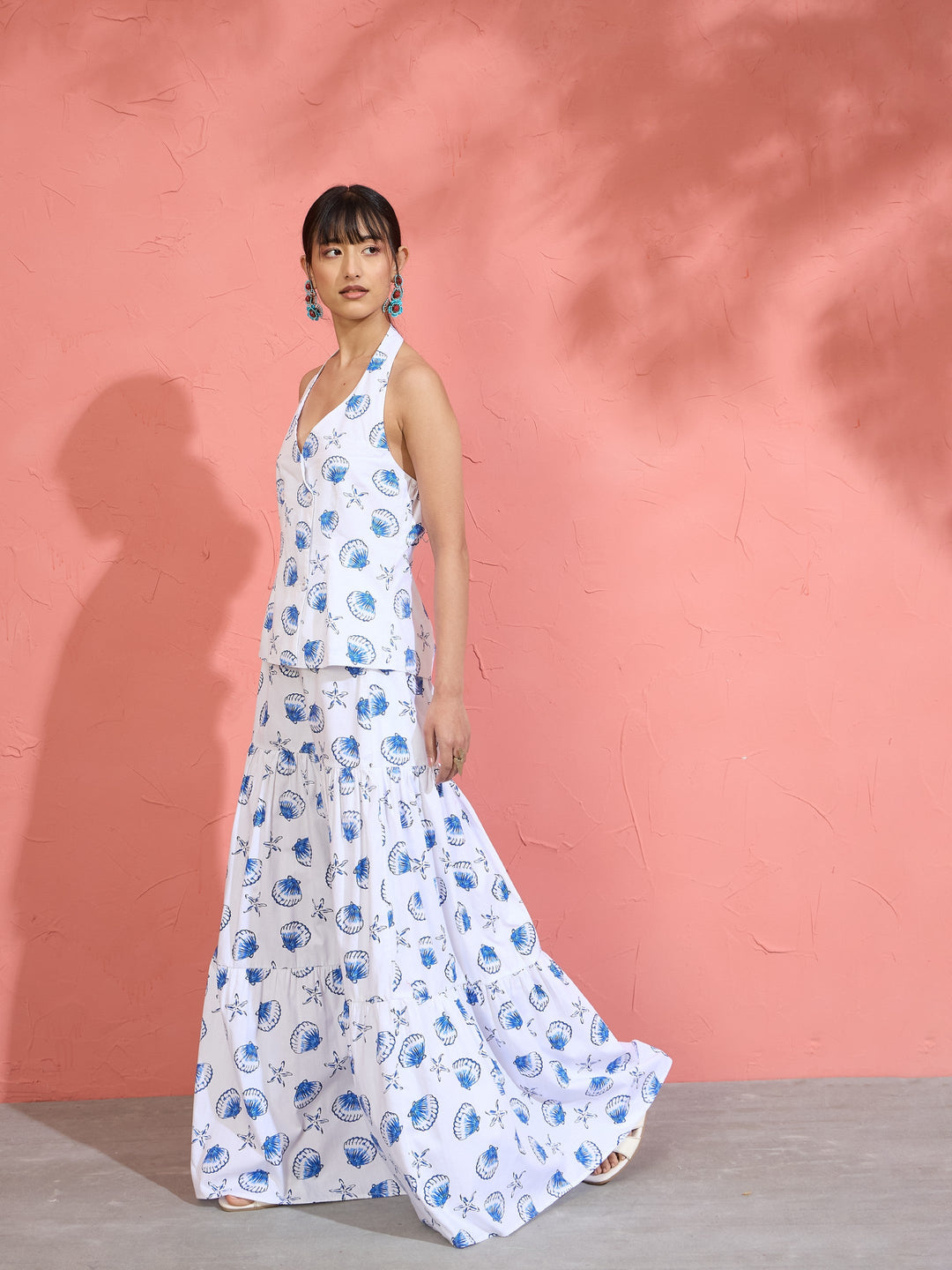 Women White &amp; Blue Printed Halter Vest Top With Tiered Skirt