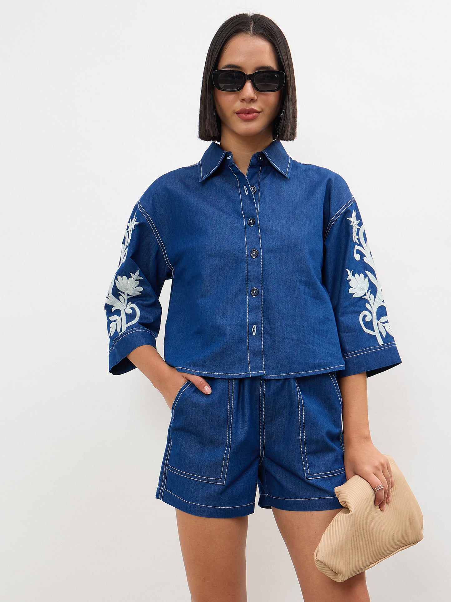 Navy Embroidered Tencel Crop Shirt With Shorts