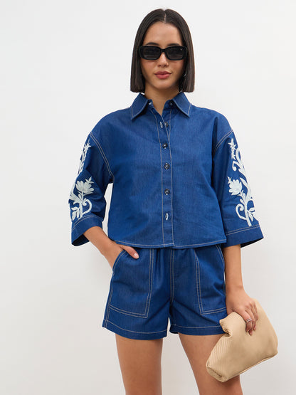 Navy Embroidered Tencel Crop Shirt With Shorts