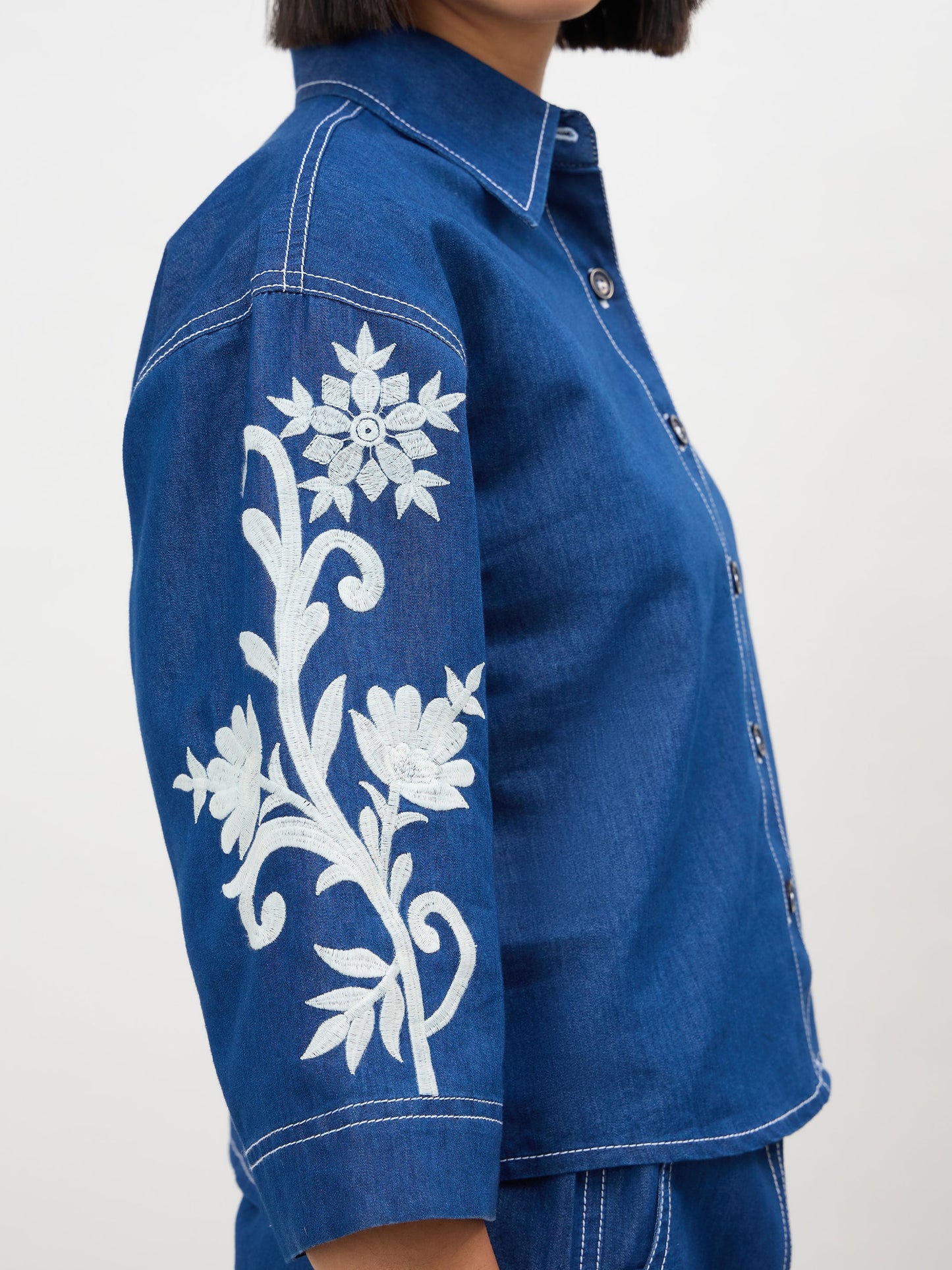 Navy Embroidered Tencel Crop Shirt With Shorts