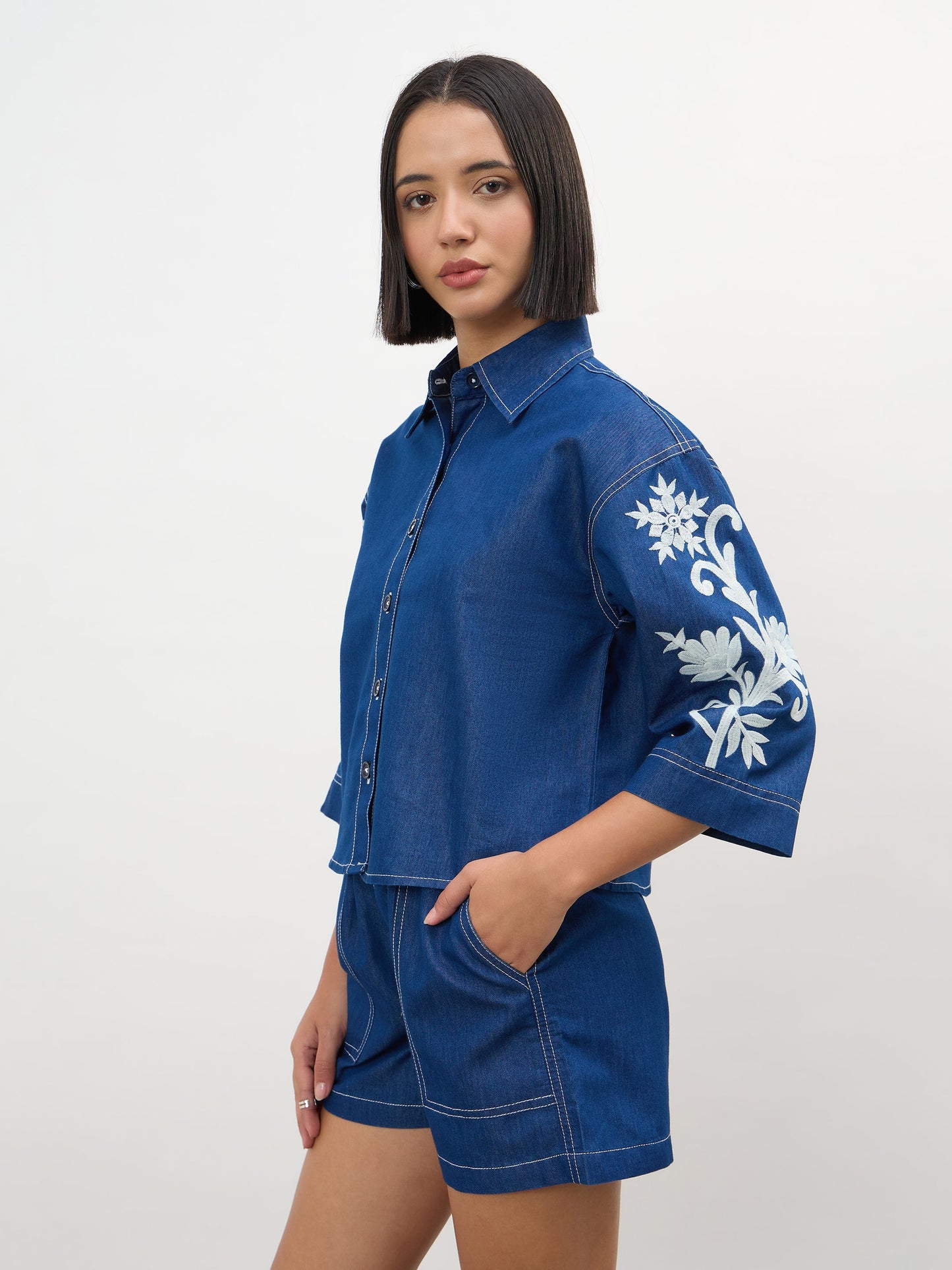 Navy Embroidered Tencel Crop Shirt With Shorts