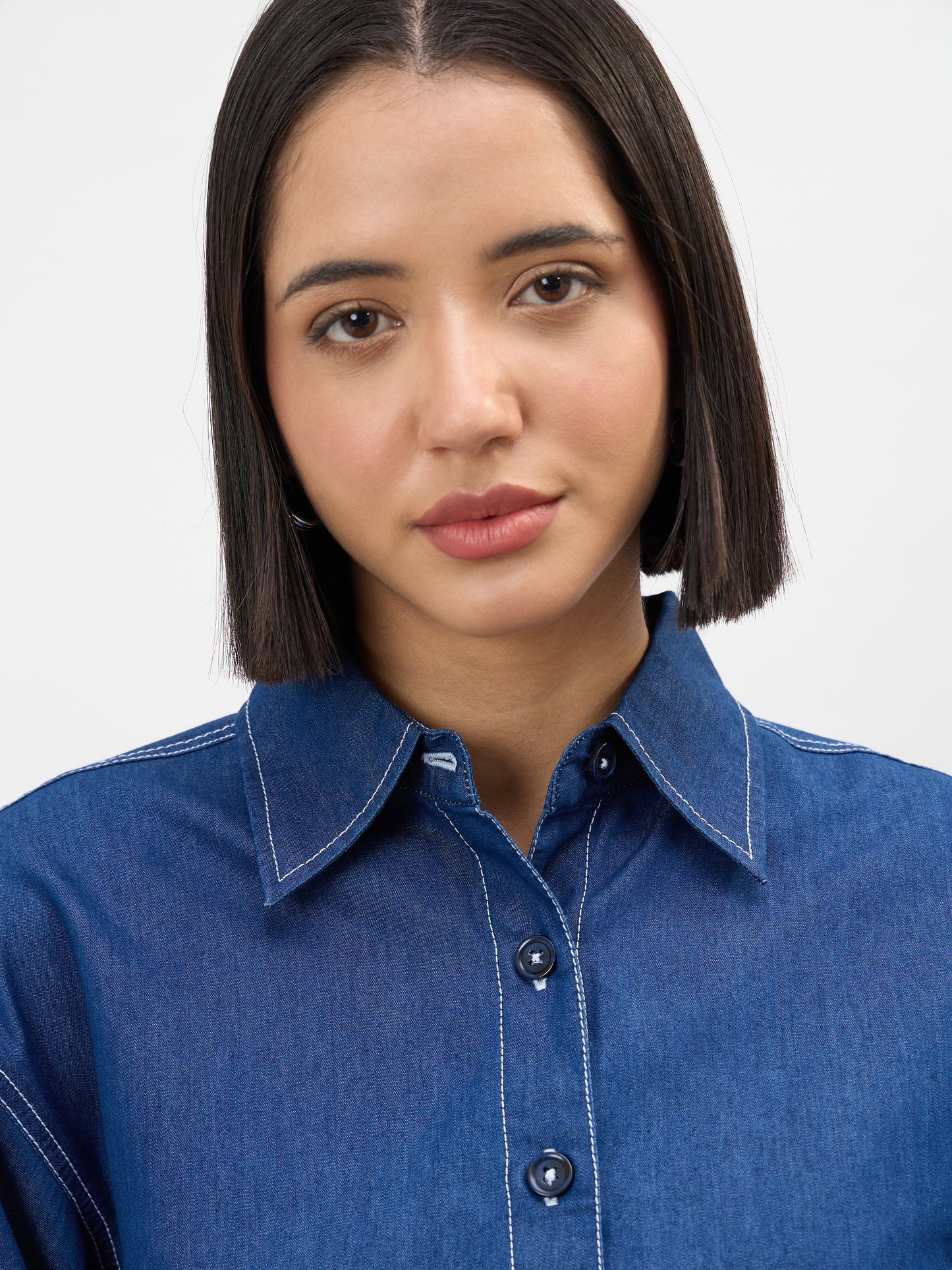 Navy Embroidered Tencel Crop Shirt With Shorts