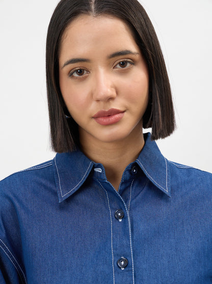 Navy Embroidered Tencel Crop Shirt With Shorts