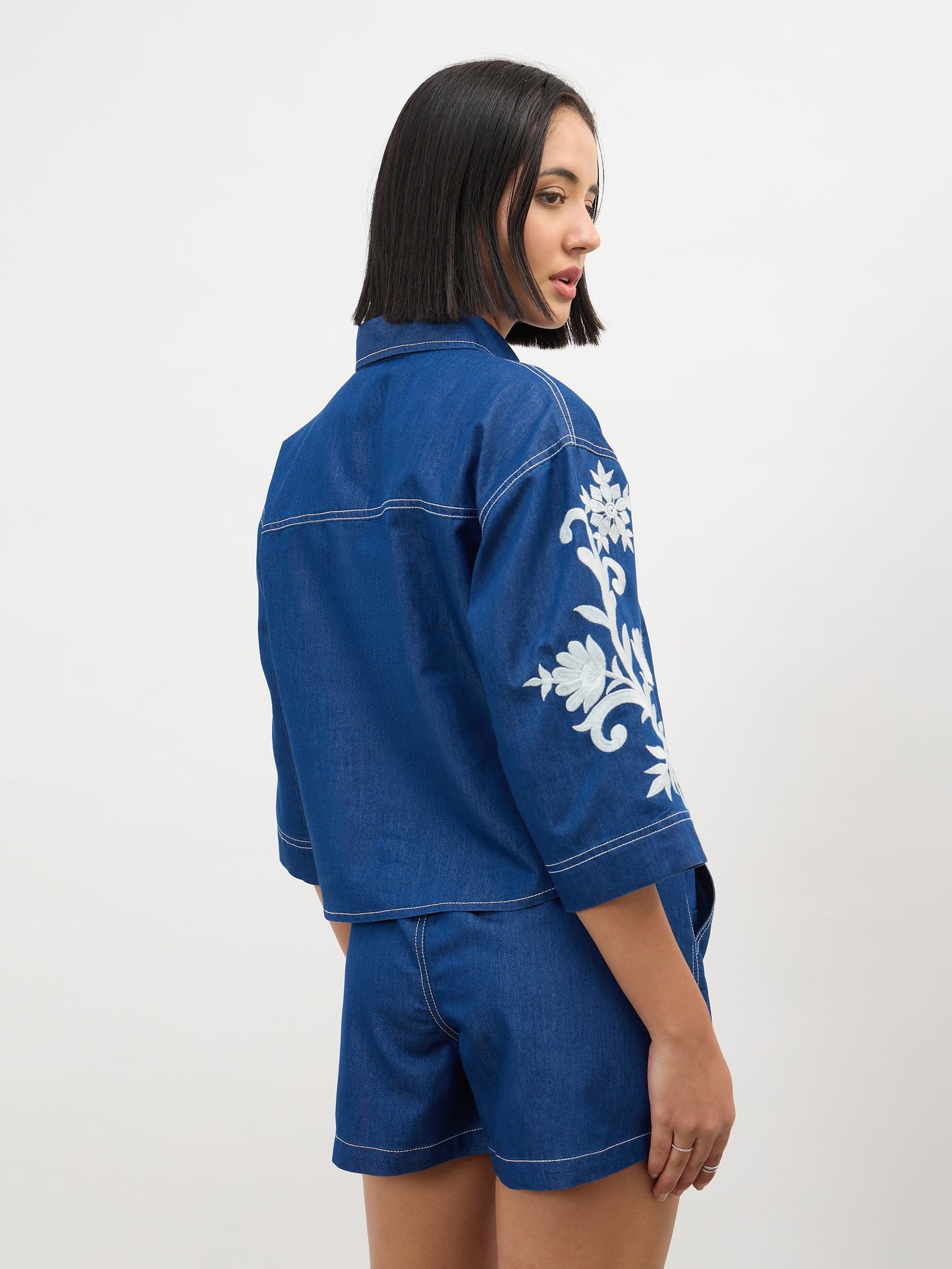 Navy Embroidered Tencel Crop Shirt With Shorts