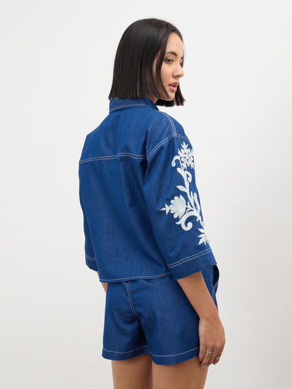 Navy Embroidered Tencel Crop Shirt With Shorts