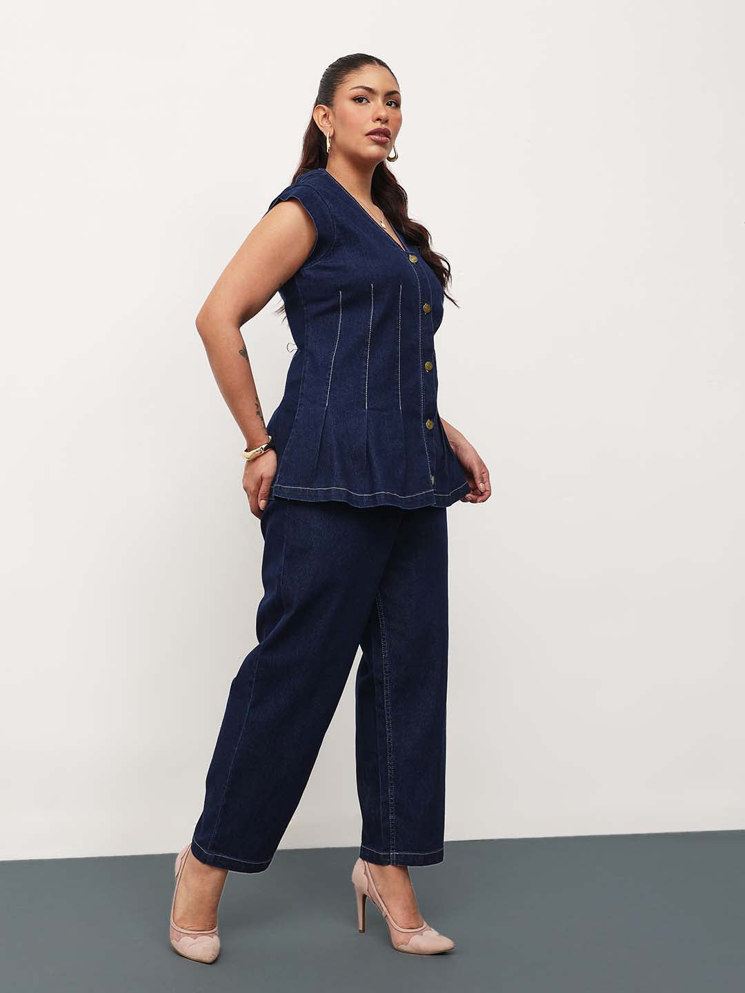 Navy Blue Denim Down Button Top With Mom Fit Jeans