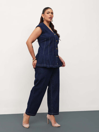 Navy Blue Denim Down Button Top With Mom Fit Jeans