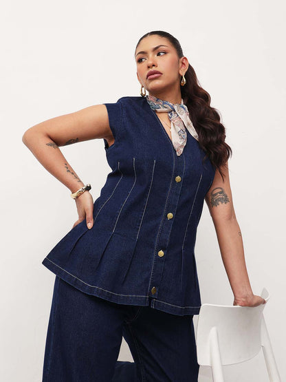 Navy Blue Denim Down Button Top With Mom Fit Jeans