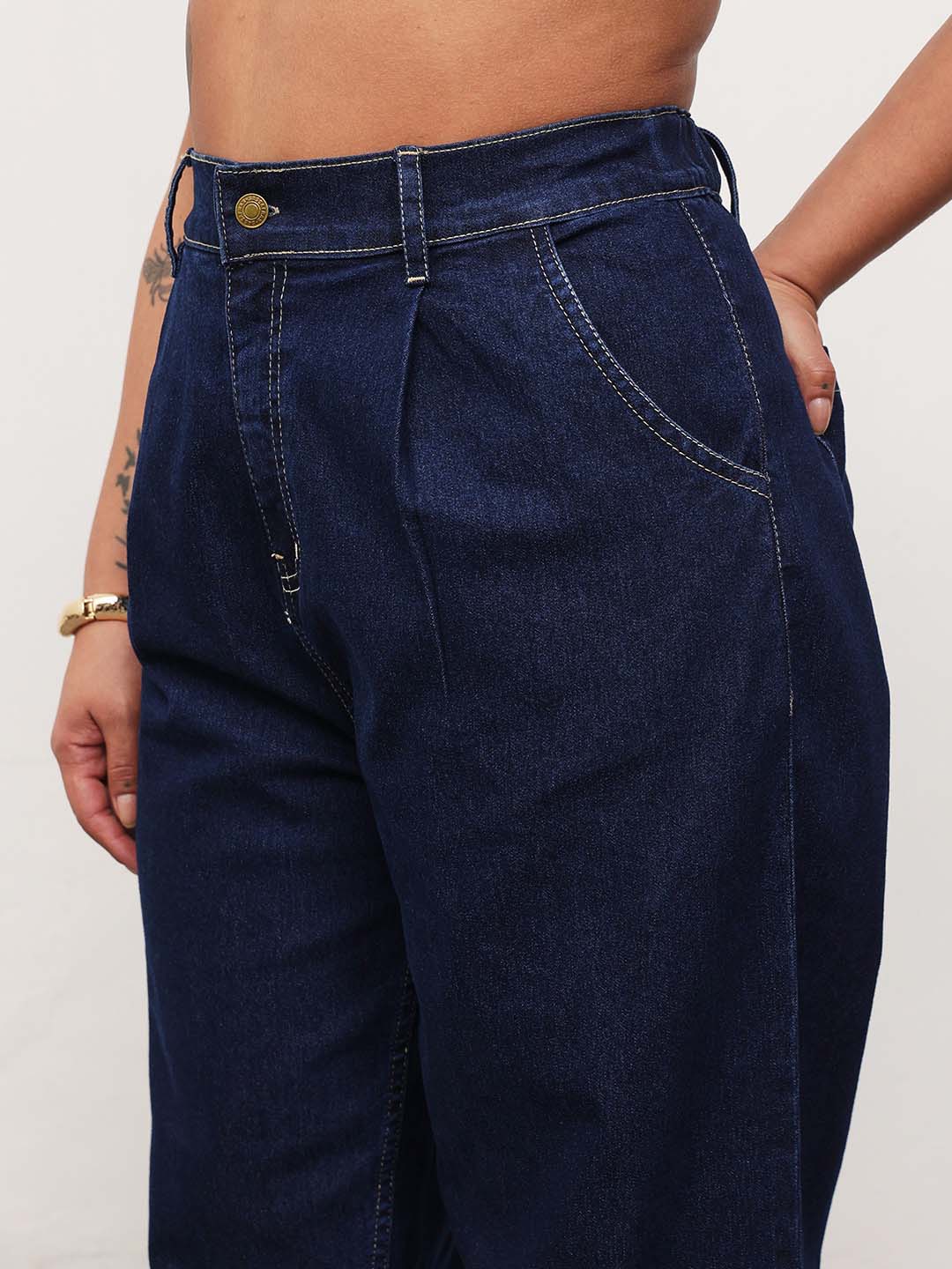 Navy Blue Denim Down Button Top With Mom Fit Jeans