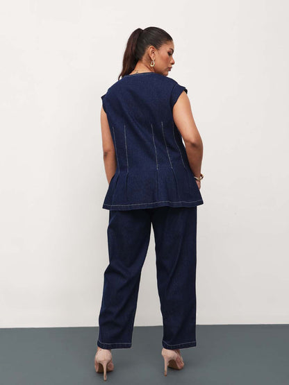Navy Blue Denim Down Button Top With Mom Fit Jeans