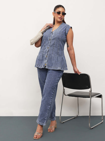 Blue Blast Denim Button Down Top With Mom Fit Jeans