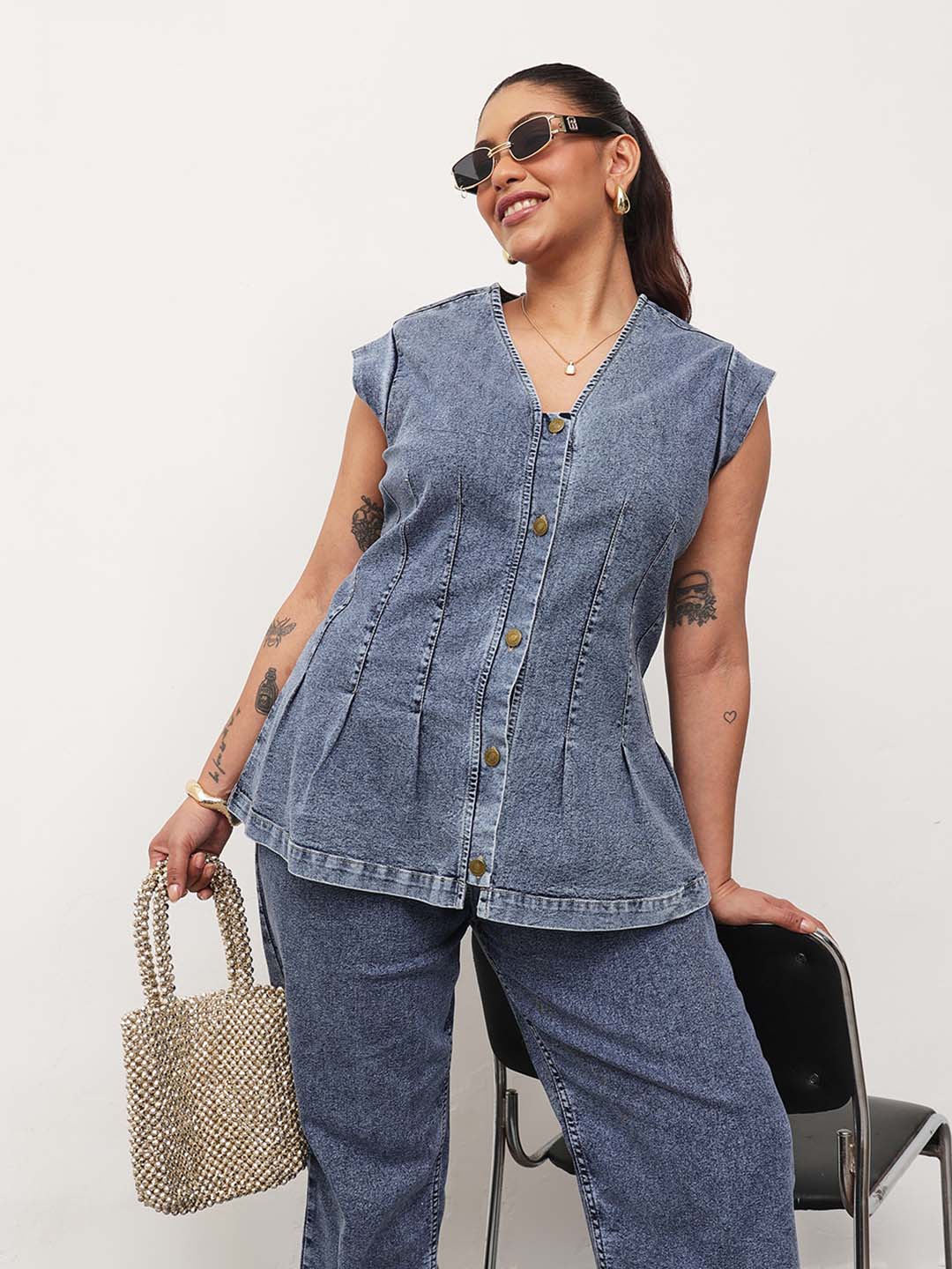 Blue Blast Denim Button Down Top With Mom Fit Jeans