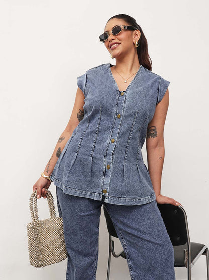 Blue Blast Denim Button Down Top With Mom Fit Jeans